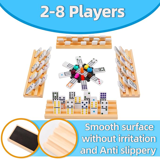 Doreimi Mexican Train Dominoes Set with 8 Wooden Holders, Double 12 Colored Dot Dominoes with Update Hub, Travel Domino Train Game with 91 Tiles and Portable Carry Case, Family Board Team Games