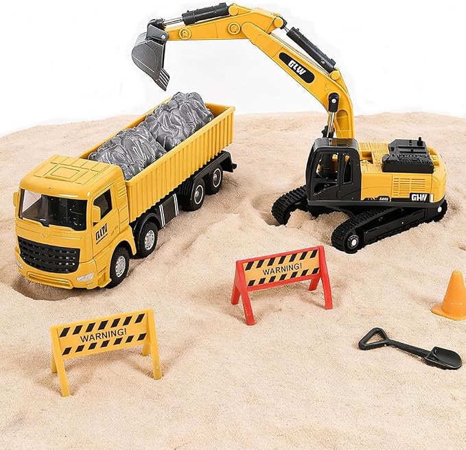 Alloy Mini Construction Vehicles, 3Pcs Die-cast Metal Toy Set with Pull Back Action - Excavator, Dump Truck, Bulldozer for Toddlers & Kids 3 4 5 6 7 Years Old Boys Toys