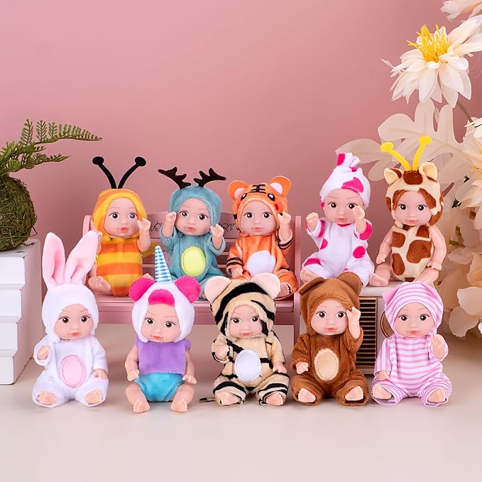 Vueos 10PCS 4inch Mini Reborn Baby Dolls Set with 10 Outfits - Realistic Open Eye Design Child-Safe Role Play Toys for Girls Boys, Christmas Birthday Easter Gift Sets