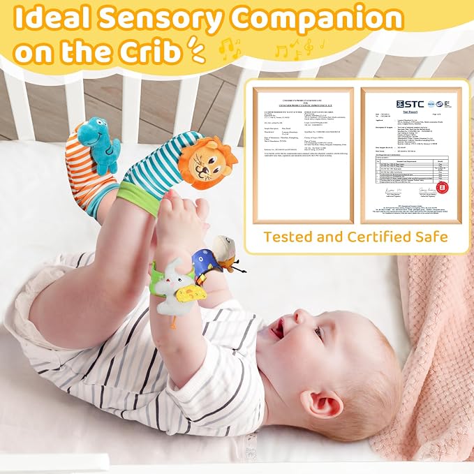 URMYWO Wrist Rattles for Baby - Rattle Socks - Foot Finder Set - Baby Toys for 0-12 Months Infant - Newborn Essentials - Early Learning Sensery Toys for Boy Girl as Shower Gifts