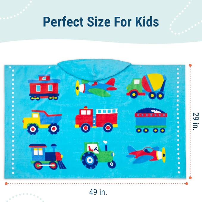 Wildkin Kids Hooded Beach Towel – 100% Cotton, Snap Front for Bath, Pool & Beach - Trains, Planes & Trucks