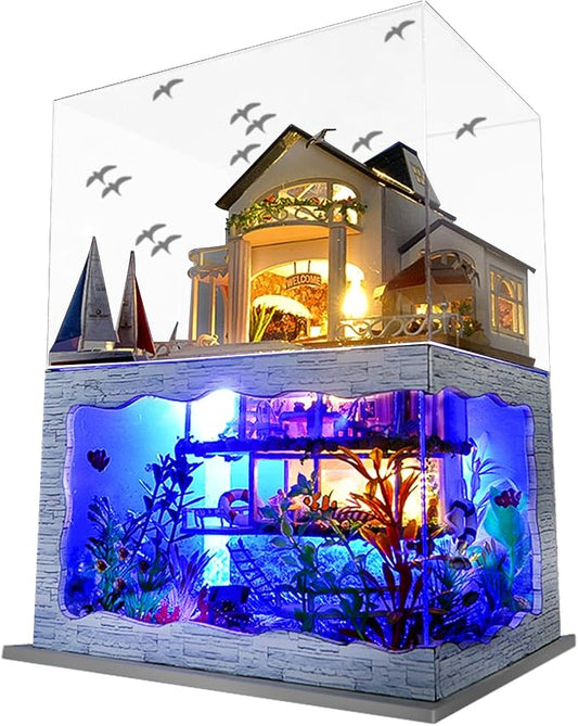 Spilay Miniature Dollhouse Kit with Furniture,DIY Dollhouse Kit Mini Modern Villa Model Plus Dust Cover and Music Box,1:24 Scale Creative Room Idea for Adult Birthday Gift(Hawaii Impression)