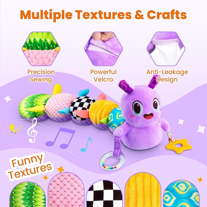 GoGonova Musical Caterpillar Baby Sensory Toy for Infant Development 0-12 Months – Tummy Time Crawler & Teether – Newborn Bath, Car Seat, Stroller & Bassinet Activity Toy & Gift(Purple)