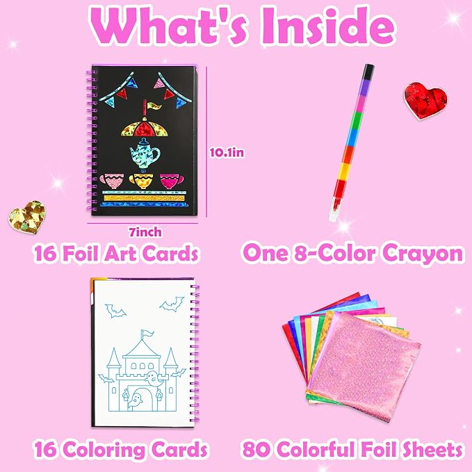 FUNNYB&G Foil Art Craft Kit for Girls 4-10 Years Old: Mess-Free & No-Glue, Create 16 Sparkly Amusement Park Pictures – Perfect Travel Toy & Birthday Gift for Kids （Amusement Park）