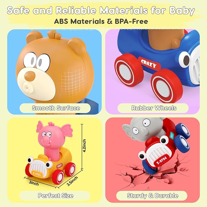 AugToy Press and Go Toy Cars for Toddlers 1-3, Animal Racing Cars Infant Baby Toys 6-9-12-18 Months, Cars Toys for 1 2 Year Old Boy Girl Gifts, One 1st First Year Old Boy Girl Birthday Easter Gifts