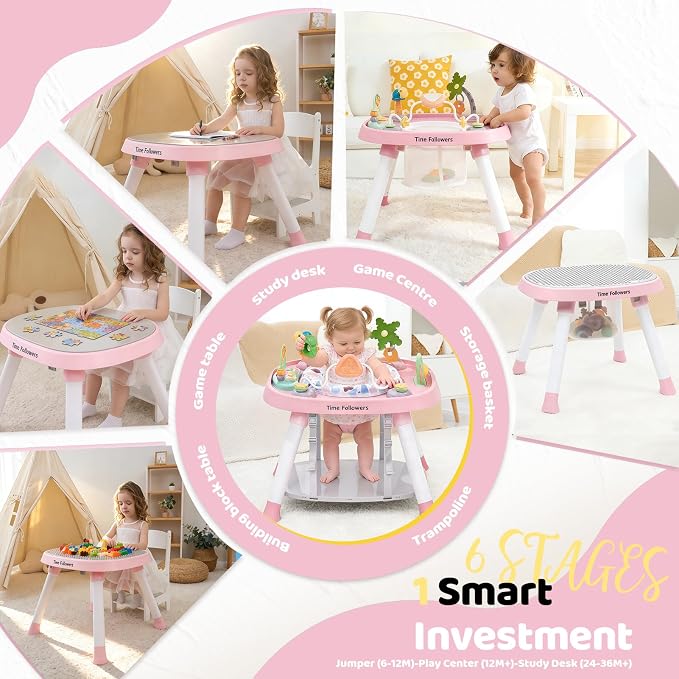 Time Followers® 6-in-1 Baby Activity Center | 4 Stage Montessori-Inspired Toys | Grow Stationary Standing Toddler Table | Jumpers & Bouncers | Must Have for Boy & Girl 6, 12, 24+ Month Old (Pink)