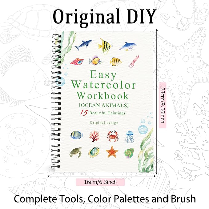 Watercolor Workbooks Ocean Animals, 15 Beautiful Paintings for Water Color Book Adult, Watercolor Coloring Book for Beginners, Watercolor Workbook for Adults Teens (Without Palette, Ocean Animals)