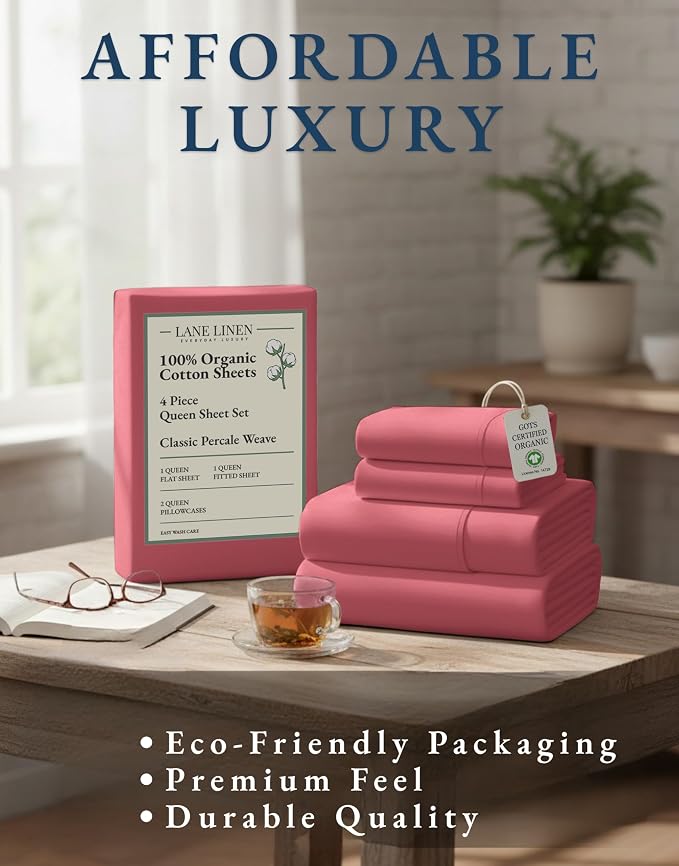 LANE LINEN Queen Sheets 100% Organic Cotton Percale Cooling - Mineral Red | Queen Sheets In Pure Long-Staple Organic Cotton - Breathable For Year-Round Sleep, Best-Value Organic Cotton