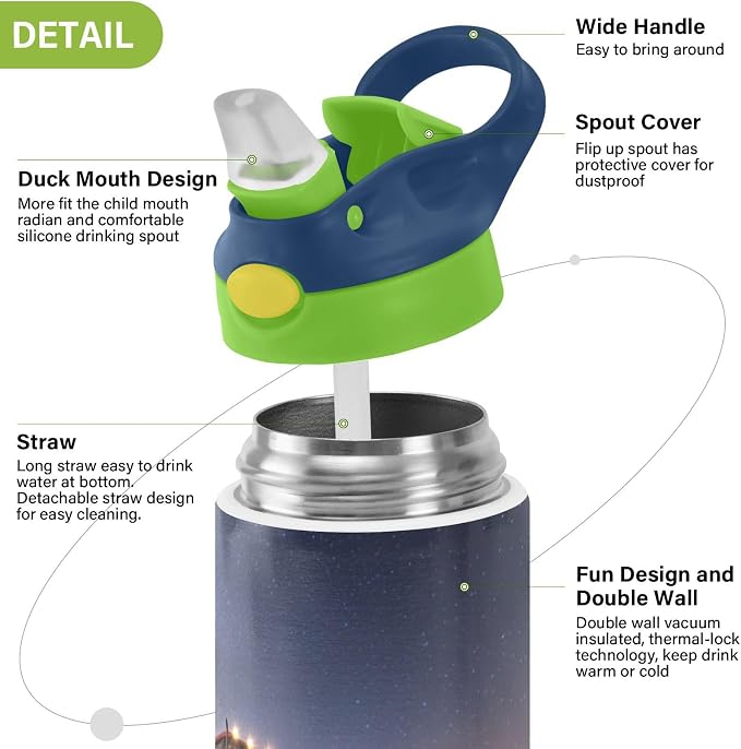 Boccsty Red Tractor Milkyway Galaxy Kids Water Bottle with Straw Lid Insulated Stainless Steel Reusable Tumbler for Boys Girls Toddlers 12 oz Green