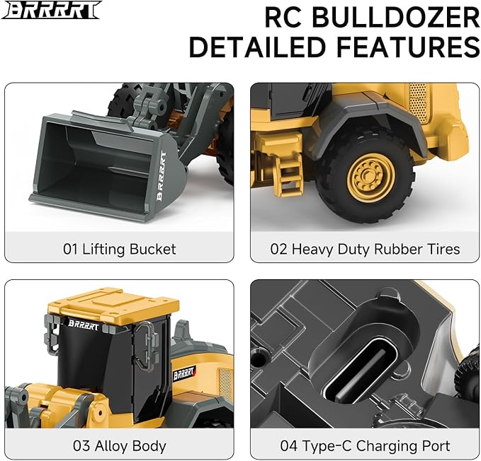 BRRRRT 1/64 RC Bulldozer Toy,Full Proportion RC Construction Vehicles Supports Pushing-Lifting-Moving,Type-C Direct Charging Alloy Remote Control Bulldozer,Birthday Gifts for Boys and Girls Age 3+