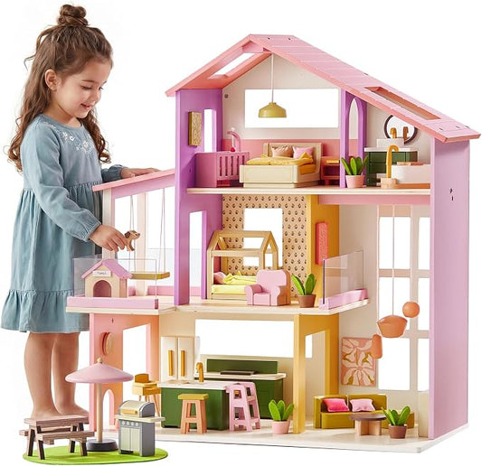 Tiny Land Wooden Doll House, Modern Family Dollhouse with Realistic Design, 7 Rooms Dollhouse with 49 PCS Accessories, Montessori Pretend Play Toddler Toy, Ideal Gift for Kids Ages 3+, Pink