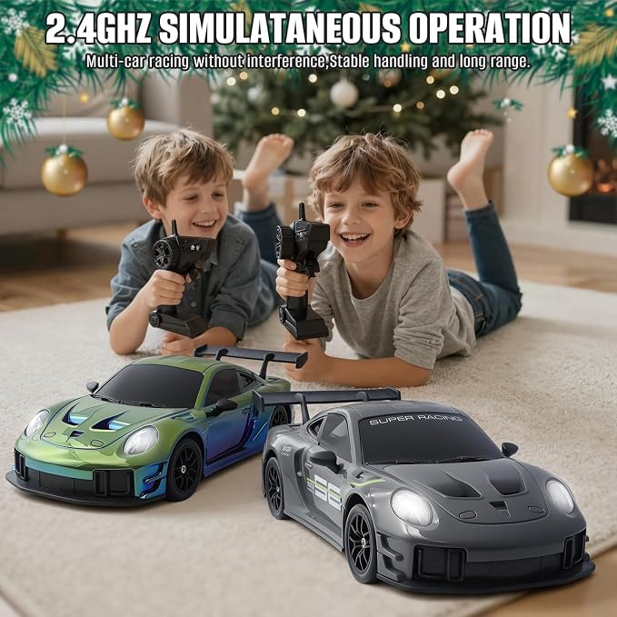 RC Drift Car, 1:24 4WD Remote Control Cars Vehicle with LED Light,2.4GHz 20KM/H High Speed RC Cars with Two Batteries & Drifting Tires Racing Sport Toy for Adults Boys Girls Kids