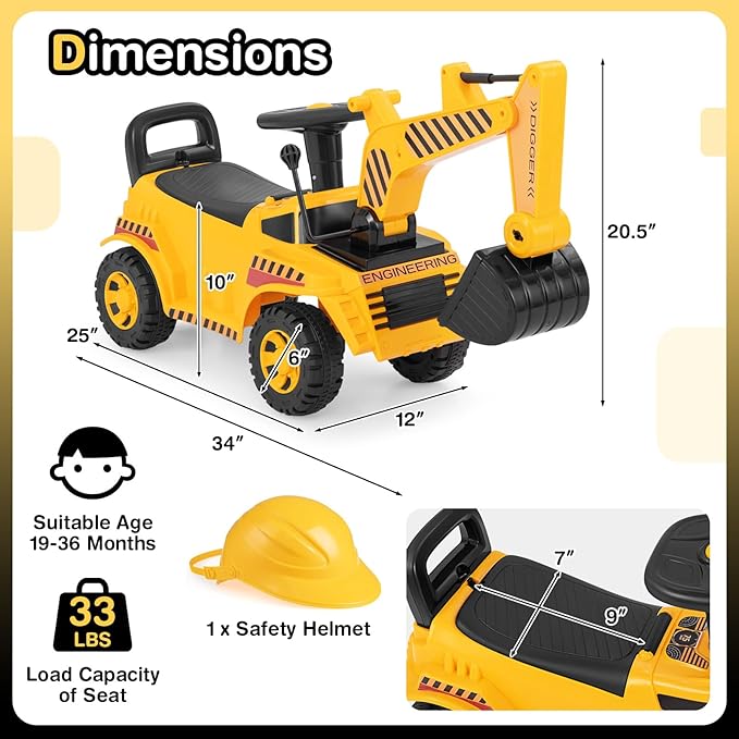 Costzon Ride On Excavator, Kids Construction Digger Truck, Ride on Push Car for Toddlers w/Working Shovel, Engine Sound, Under-seat Storage, Anti-Rollover Device, Sliding Car Vehicle Toy(Excavator)