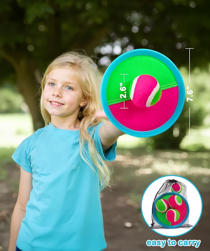 Toss and Catch Ball Game Outdoor Toys for Kids Ages 3-12 & Family, Outside Games for Beach Pool Yard Camping, Boys Birthday Gift, 4 Paddles 4 Sticky Balls & Storage Bag