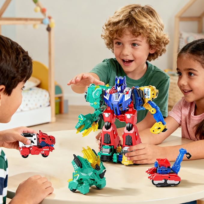 Magnetic Dinosaur Transforming Robot Toys, 6-in-1 Dino Construction Trucks for Kids, Magnetic Car Toys for Boys Girls Age 3 4 5 6 7 8, STEM Educational Christmas Building Gift