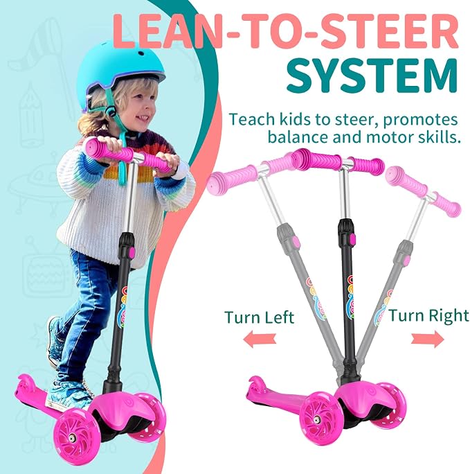 BELEEV A1 Scooter for Kids Ages 2-6, 3 Wheel Kick Scooter for Toddlers Girls Boys, Light up Wheels, Adjustable Height, Lean to Steer, Non-Slip Deck, Lightweight Push Scooter for Children