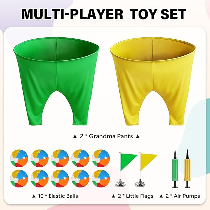 Granny Pants Yard Game for Kids (31.5 in *24 in), 2Pcs Granny Pants Outdoor Games with 10 Bouncy Balls, 2 Pumps & Flags, Granny Pants Game for Family Carnival Party Reunion Gathering (Small)