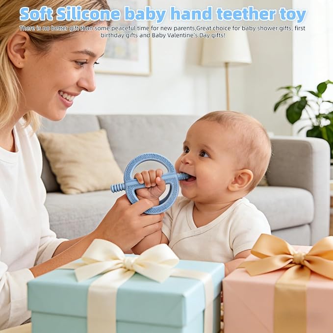 3 Pack Baby Teething Toys, Anti Dropping Wrist Hand Teethers & Easy-Grip Teether Ring, Food-Grade Silicone for Teething Relief, Newborn Essentials Chew Toys 0-12 Months（Blue&Pink&Green）