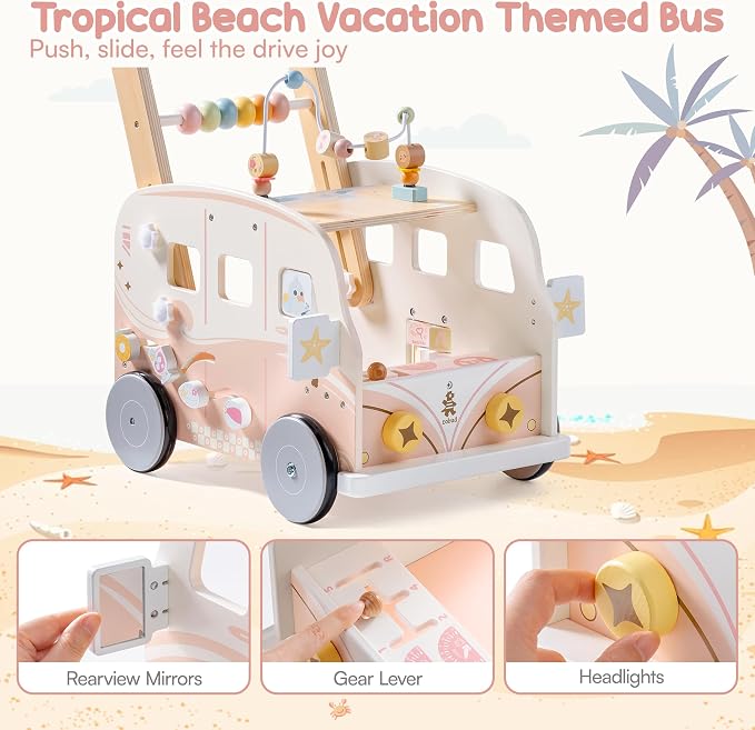 ROBUD Wooden Baby Walker, Height & Speed Adjustable Baby Push Walker with Anti-Slip Wheels, Developmental Activity Center with Ocean Vacation Theme, Wooden Walkers for Babies Learing to Walk，Pink