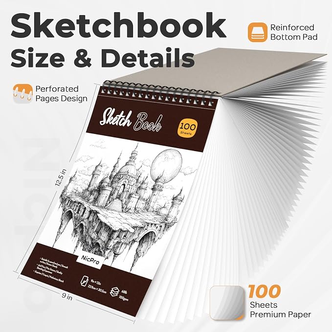 Nicpro 52PCS Art Drawing Supplies Kit, Metal Mechanical Pencil Set 0.5, 0.7, 0.9 & 2mm, 9x12 Sketch Book, 12 Fineliner Pens, 20 Tubes Leads, School Supplies Drawing Kit for Artist Adults Sketching