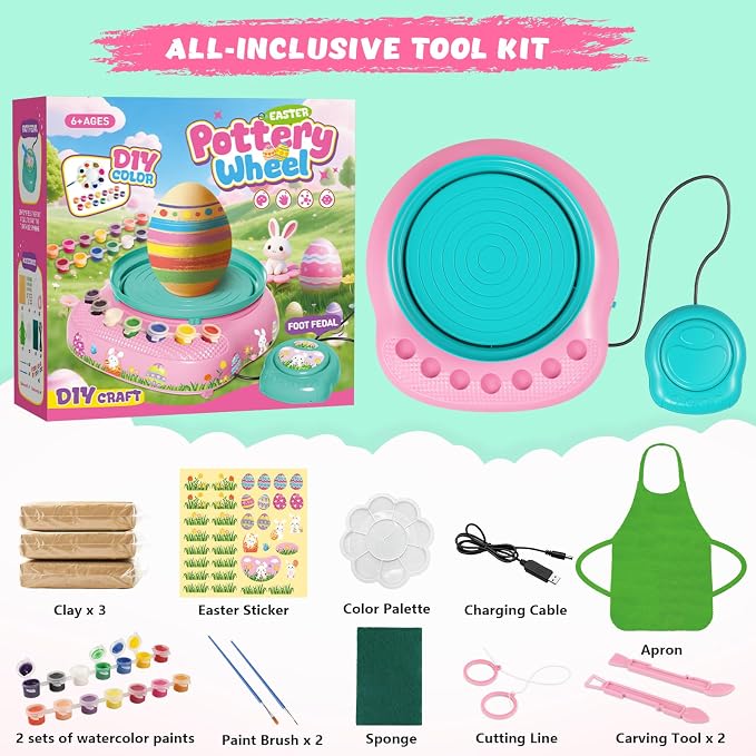 Pottery Wheel for Kids with Complete Clay Kit,Beginner Pottery Painting Set with Air Dry Clay,12 Paints,Sculpting Tools,Apron and Guide,Arts and Crafts Christmas Birthday Gift for Girls Boys Ages 6-12