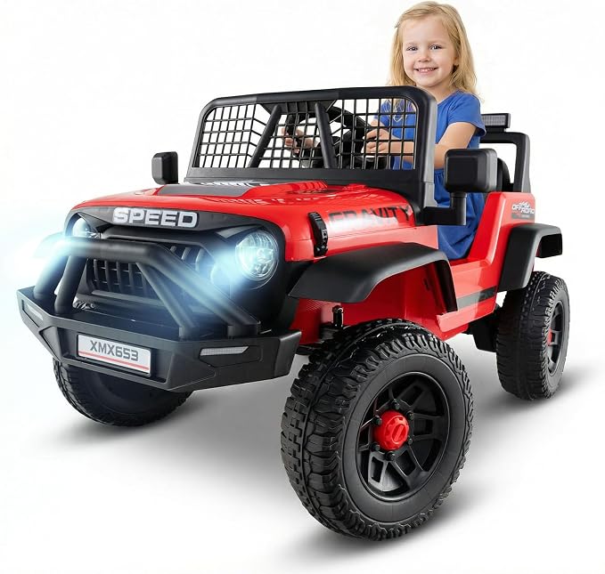 OLAKIDS 24V Ride on Car with Remote Control, Bluetooth, LED Lights, Horn, Spring Suspension, High/Low Speeds, Soft Start for Kids Aged 3+ (Red)
