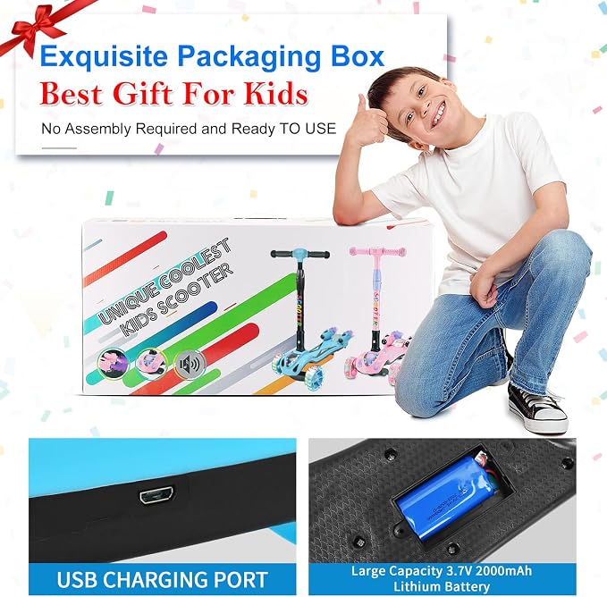 3 Wheel Scooter for Kids, Toddler Scooter with Bluetooth Music Speaker Steam Sprayer LED Lights Aluminum Alloy T-Bar, Folding Kick Scooters for Boys Girls Ages 3-10