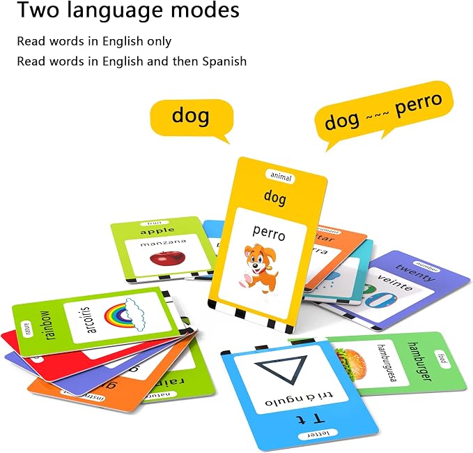 Lapare Spanish and English Bilingual Audible Flash Cards Toy with Music, Learn Spanish and English for Kids, Niñas, Niños, Bebes