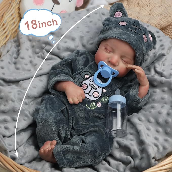 DAYOFFKIDS18Inch Sleeping Reborn Baby Doll, Realistic Newborn Baby Doll with Vinyl Body, Handmade Lifelike Washable Body Features, for Kids Ages 3+ (LeviBlack)