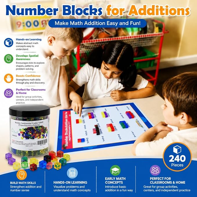 240PCS Centimeter Cubes,Counting/Sorting Toy,Translucent,6 Colors | Counting Cubes,Plastic Math Cubes, Early Development Activity Games, Portable Box