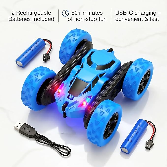 2.4GHz Remote Control Stunt Car for Boys 6-12, 360° Rotating Twin Motors Double Sided Off Road Vehicle, 4WD Rock Climbing Truck with LED Lights, 2 Rechargeable Batteries, Blue