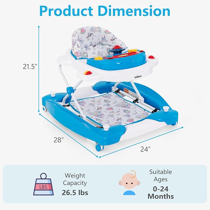 INFANS Baby Walker, 5 in 1 Behind Walker Learning Seated Rocker Bouncer with Removable Music Tray, Adjustable Height, Washable Seat Cushion, Foldable Activity Center for Toddlers (Unicorn)