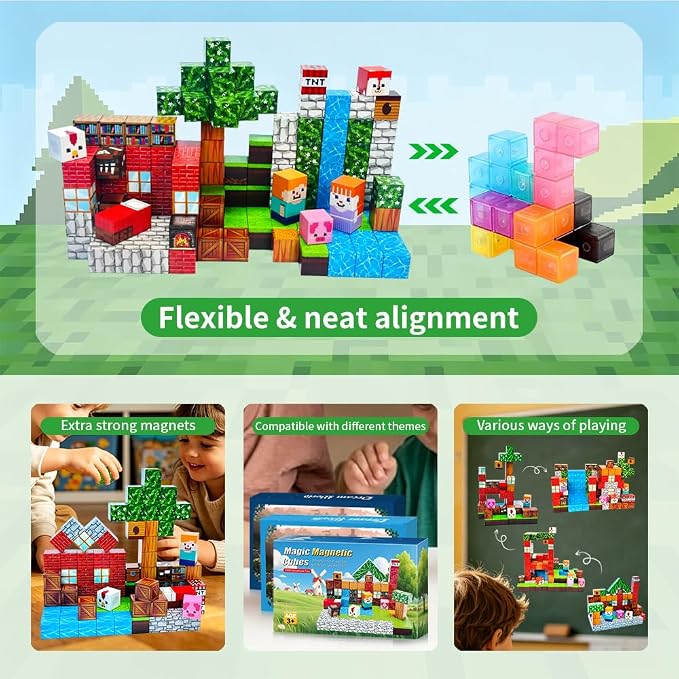Forest Life Magnetic Blocks 150PCS - Pixel Village Themed Magnetic Cubes Set for Kids Ages 3+, STEM 3D Magnet Tiles Educational Construction Toys Sensory Montessori Stacking Blocks Gifts Girls Boys