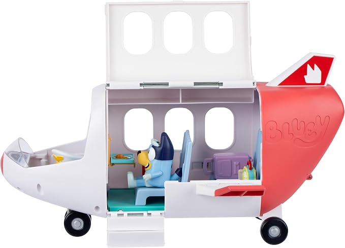 Bluey Adventure Plane, Airplane Toys, Pilot Figure and Accessories | Open side with fold-down stairs, family seating, and luggage storage in this airplanes for kids playset