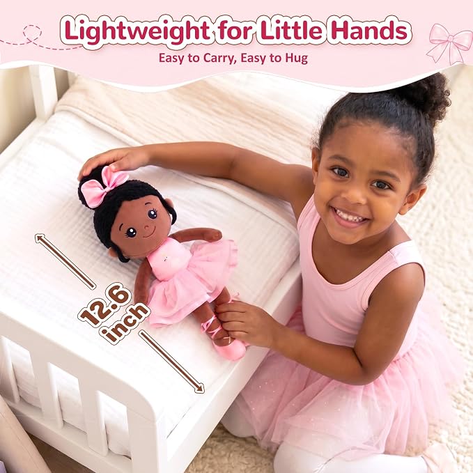 OUOZZZ 12.6" Black Soft Baby Dolls Toys for 1 Year Old Girl Gifts, African American Dolls Birthday Gifts for 1 Year Old Girl Ballerina Doll Plush Toys for Toddler
