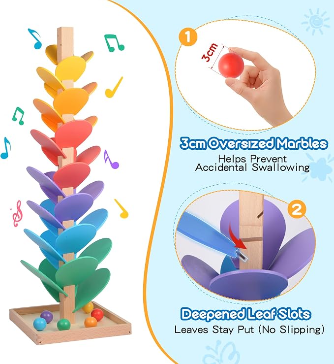 Wooden Marble Run Music Tree, Tumble Leaf Montessori Rainbow Singing Tree with Sound, Includes 12 Extra-Large 3cm Marbles Ball for Safer Play, Color Sorting STEM Learning Toy, Gift for Kids