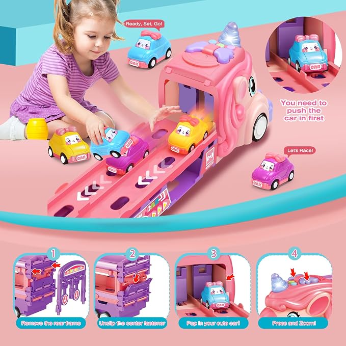 Car Toys for 3 4 5 6 7 Year Old Toddler Girl, Toys Truck & Foldable Race Track Car Toys with Light & Sound, Friction Power Car Toys for Kids Girls Age 3+
