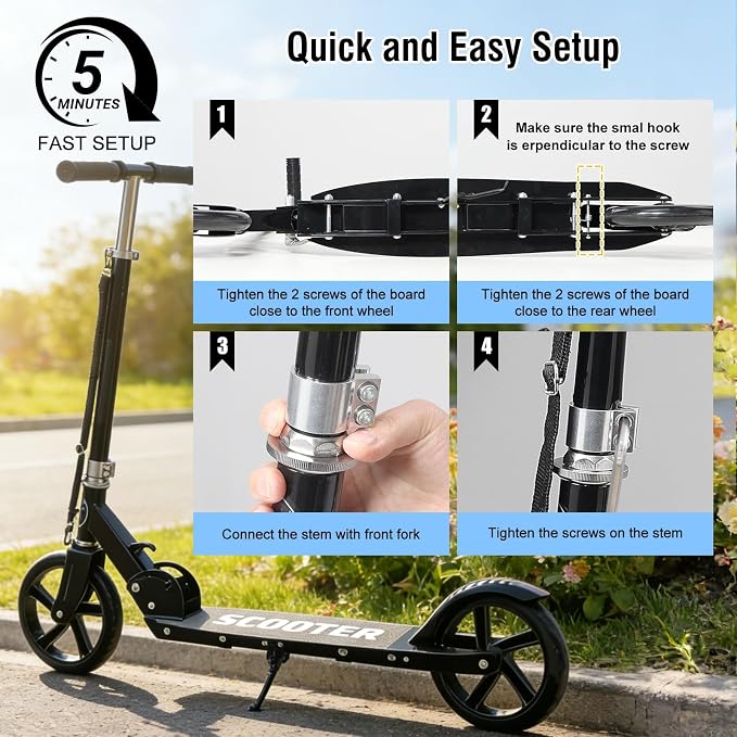 Scooter for Age 6+, Folding Kick Scooters for Kids 8-12,Teens, Adults up to 250Lbs,3 Adjustable Heights, Rear Brake, Wide Antislip Deck, Lightweight Scooter for Boys Girls