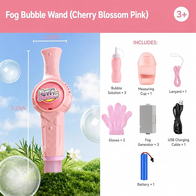 Fog Bubble Machine, Electric Smoke Bubble Maker with Music & Colorful Lights, Magic Interactive Bubble Fog Game for Kids Parties Gift, Includes 3 Refills, Pink