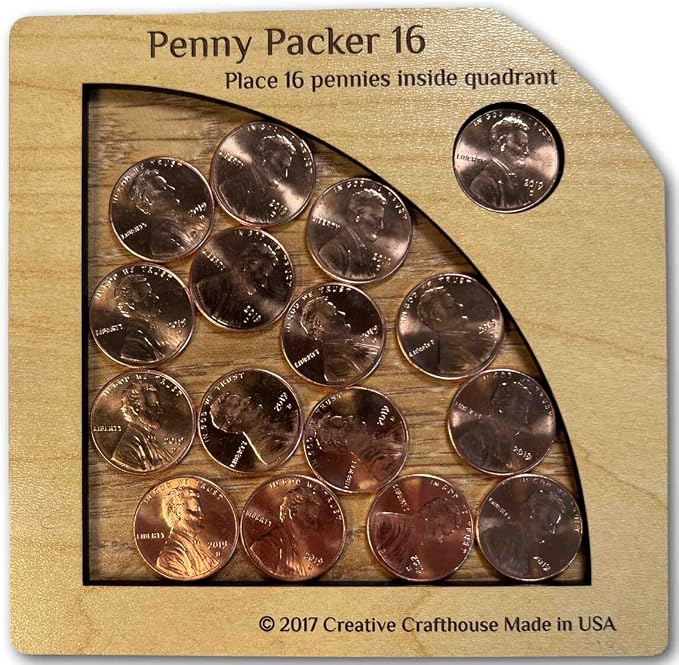 Creative Crafthouse Penny Packer 16 Wood Coin Packing Puzzle for Adults | All the pennies you need are included. Lay each piece flat to find the one solution. A desk and coffee table gift