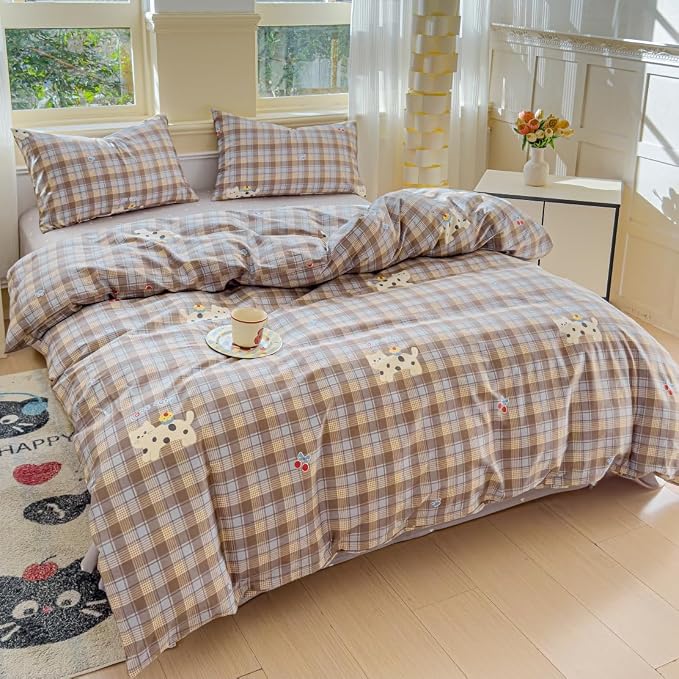 LIWHENHAO Duvet Cover Set Twin 100% Cotton Bedding Cartoon Cat Kitten on Brown Plaid 1 Kawaii Animal Pet Comforter Cover Zipper Closure 2 Pillowcases for Kids Girls Boys