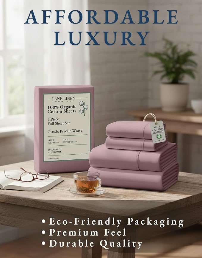 LANE LINEN Full Size Bed Sheets 100% Organic Cotton Cooling Soft - Lilac | GOTS Certified Organic Cotton Percale Full Sheet Set - For Hot Sleepers, All-Season Comfort, For Guest Bedrooms
