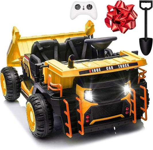 JOYRACER 24V 2 Seater Ride on Dump Truck w/400W Motors, Kids Ride On Car w/20'' Seat, Parent Remote, Electric Construction Vehicle w/Dump Bed & Shovel, 5Mph Max, Power Car Wheelers for Kids, Yellow