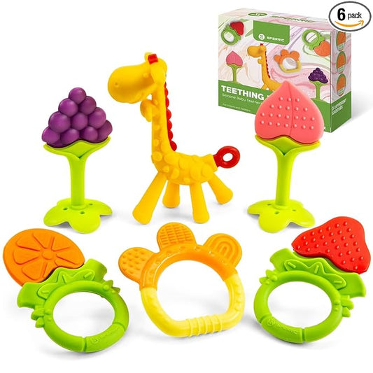 Silicone Baby Teethers - Freezer Safe Teething Toys for Infants 0-6 Months - 6 Pack