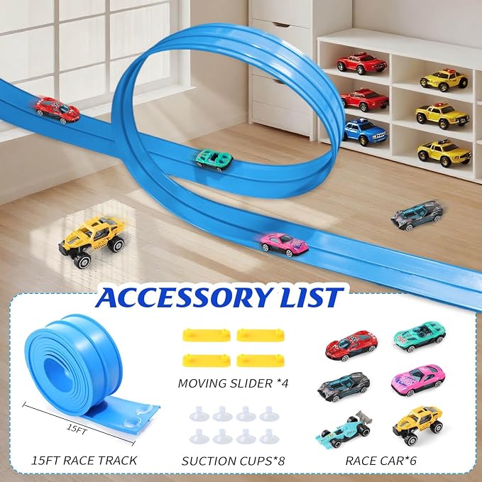 Gretex Flexible Race Track for Kids Ages 4-8: 15 Ft Flex Race Car Ramp Track With 6 Toy Cars Suction Cups, Portable DIY Racetrack Compatible With Diecast 1/64th Cars, Ideal Gift for Kids Toys Boys 3-5