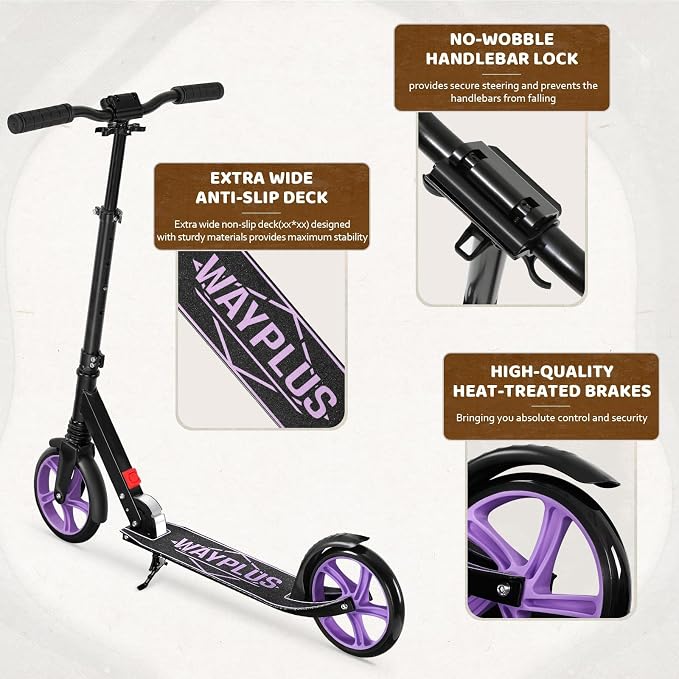 WAYPLUS KS1 Kick Scooter for Ages 6+,Kid, Teens & Adults. Max Load 240 LBS. Foldable, Lightweight, 8IN Big Wheels for Kids, Teen and Adults, 4 Adjustable Levels. Bearing ABEC9 FED Fitness