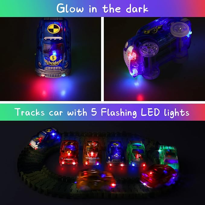 Track Cars Magic Toy Gifts 4 Pack Replacement Track Cars for 3 4 5 6 7 8 Years Old Kids Boys Girls Toy Track Cars with 5 LED Lights Glow in The Dark Compatible with Most Tracks