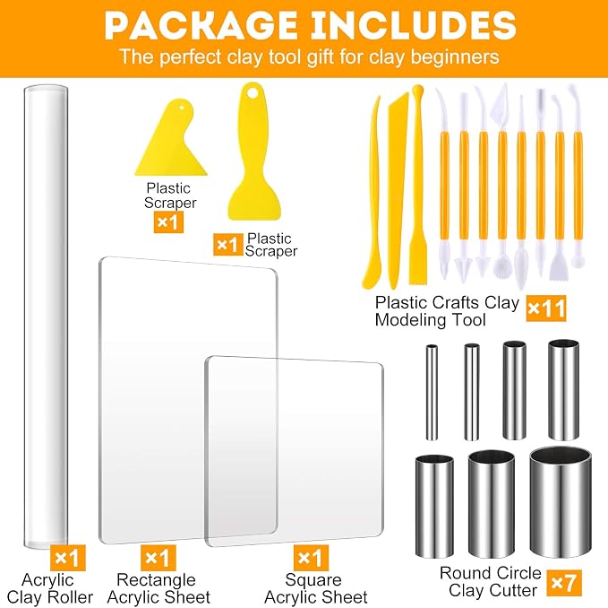 Honoson 24 Pcs Clay Sculpting Tools Kits Polymer Clay Tools DIY Set with Roller, Acrylic Sheet, Scraper Backing Board, Round Circle Shape Cutter, Shaping for Art Craft(Yellow)