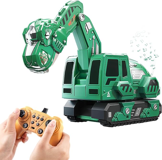 Remote Control Excavator Toys for Boys 4-7, Construction Trucks 2.4GHz RC Excavator with Light and Sound, Dinosaur Toys for Kids 3-5, Christmas Birthday Gifts for Kids (Green)