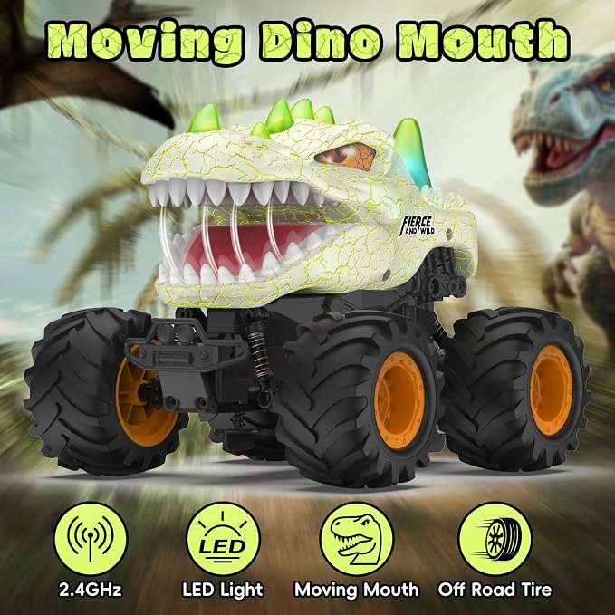 Dinosaur Remote Control Car 2.4GHz RC Monster Truck 1:24 Scale RC Car with LED Lights & Movable Mouth, Rechargeable Dinosaur Toys Birthday Gift for Boys 6-12, Orange